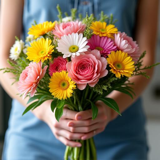 A vibrant hand-tied bouquet ready for delivery.